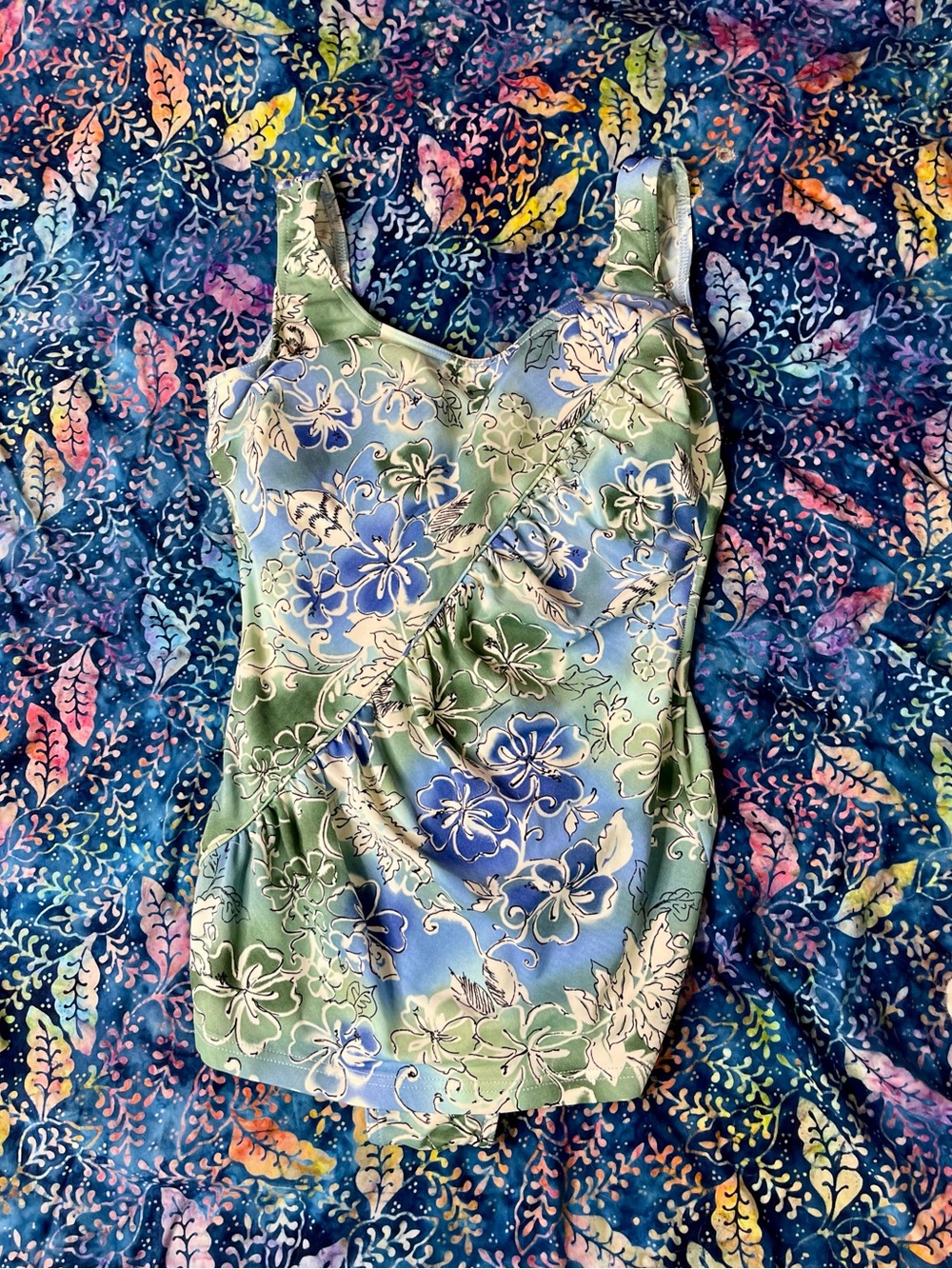 Y2K It Figures Tummy Thinner Swimdress Blue Green Floral One Piece Size 12